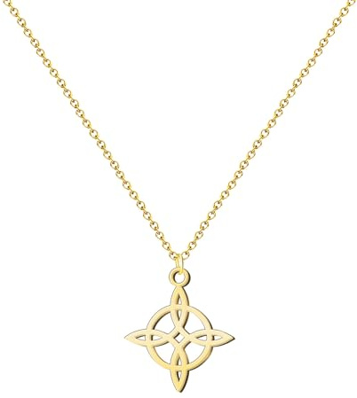 Collana con ciondolo nodo di strega in acciaio inox o filo + un braccialetto a 7 nodi (gratuito), nodo di strega doppia protezione, portafortuna, bigiotteria da donna.