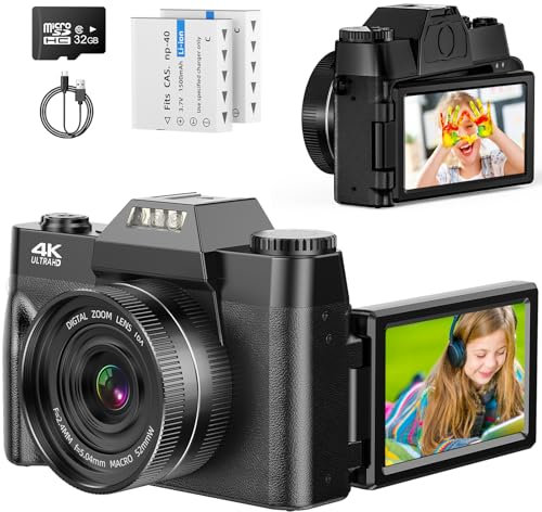 Digitalkamera 4K 56MP Fotokamera mit 180° Flip 3.0 Bildschirm Autofokus Kompaktkamera mit 32G SD Karte& Zwei 1500mAh Batterien für Kinder Ältere Anfänger (Schwarz)