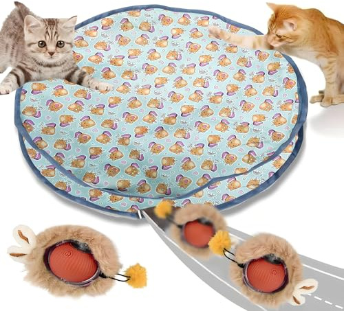 Colexy Pelota de Juguetes para Gatos Adultos de Interior, Juguete Interactivo automático para Gatos, Recargable y Activado por Movimiento, Juego de atrapar Ratones, con 1 Alfombra de Juego