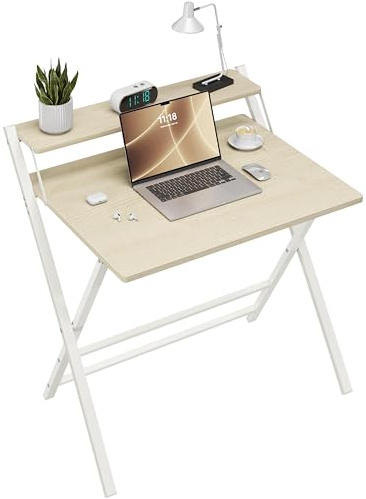 Yaheetech fällbart skrivbord, 80 cm datorbord med hylla, 2-stegs arbetsbord med monitorstativ, laptopbord för hemmakontor, små rum/vardagsrum, ljus träfärg/80 cm L x 50 cm B
