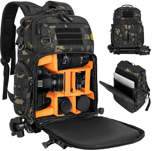 OUUTMEE Tactical Camera Backpack, Camera Rucksack with Waterproof Cover | DSLR/SLR Photographers Travel Backpack with 15.6 Laptop Compartment, Removable Padded Insert Tripod Holder Strap (Camo)