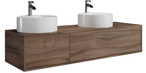 Vente-unique-Waschbeckenunterschrank hängend Natur Dunkel - Doppelwaschbecken rund - 150 cm - ISAURE II
