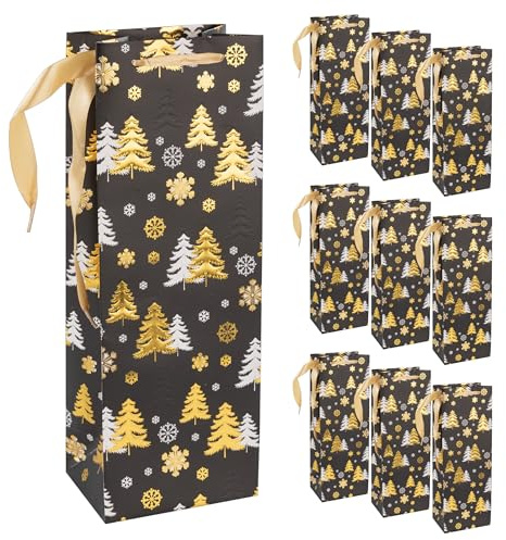 Idena 90402 - Flaschentaschen Tannenbaum, 10 Stück in Schwarz-Gold, Geschenktaschen in der Größe 35 x 12,5 x 9 cm, Geschenktüten für Weihnachten