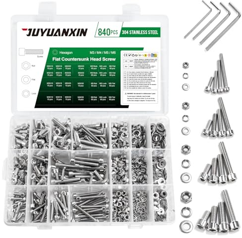 840 Pcs M3 M4 M5 M6 Bolts and Nuts Set, Assorted Nuts and Bolts Assortment, Stainless Steel Screws, Hex Socket Head Cap Screws with Washers Set, Machine Screw Assortment Kit