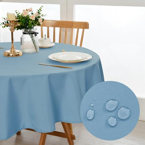 DWCN Dunstblau Tischdecke Rund 180cm Abwaschbar 0utdoor Wetterfest Stoff | Polyester Wasserdicht Tischtuch Wachstuchtischdecke Dauerhaft Fleckschutz für Esszimmer, Garten, Party, Hochzeiten, Haushalt