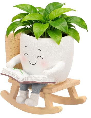 Jokapy maceta de hamaca, lindo macetero con cara sonriente, maceta pequeña de resina artificial con agujero de drenaje, linda maceta de suculentas para jardín, balcón, interior, exterior (blanco