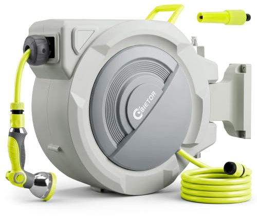Bietor Retractable Garden Hose Reel, 1/2“ x 30m+2m Upgraded UV Resistant Heavy Duty Wall Mounted Hose Reel with 10 Patterns Nozzle, Any Length Lock, Slow Return System, 180°Swivel Bracket