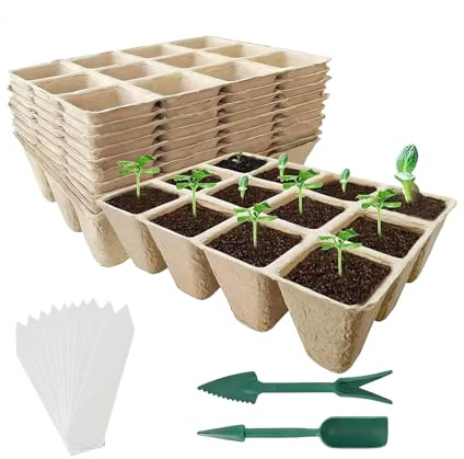 Macetas de Turba - Taza de Siembra con 12 Celdas Amigable con Raíces | con Herramientas y Etiquetas Vasos de Plantación Amigables con Raíces | para Cuidado de Vegetales y Árboles Cultivo Propagación y
