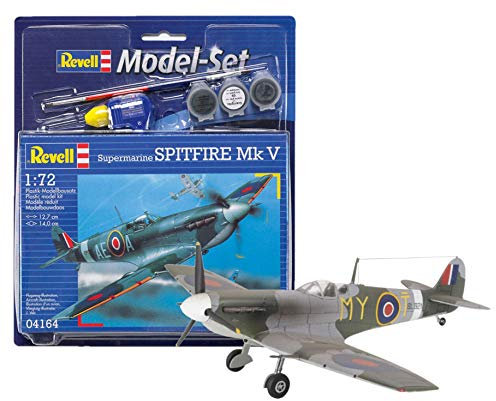 Revell Model Set 64164 Spitfire Mk V 1:72 Scale Unbuilt/Unpainted Plastic Model Kit with Contacta Professional Glue, Paintbrush & Selected Aqua Color Paints