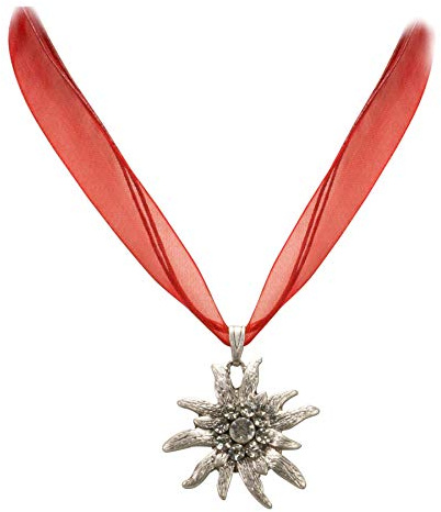 Collar tradicional de cinta de organza con Edelweiss de cristal - collar de organza edelweiss para blusa tradicional y el pantalón de cuero, joyería Dirndl piedra de cristal para Oktoberfest (rojo)