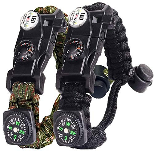 Bracelet Paracorde Survie pour Homme Femme, Militaire Paracord Bracelet Kit avec Flint + Boussole + Thermomètre + Sifflet + Lumière LED pour Extérieur, Randonneur, Baroudeur, Explorateurs