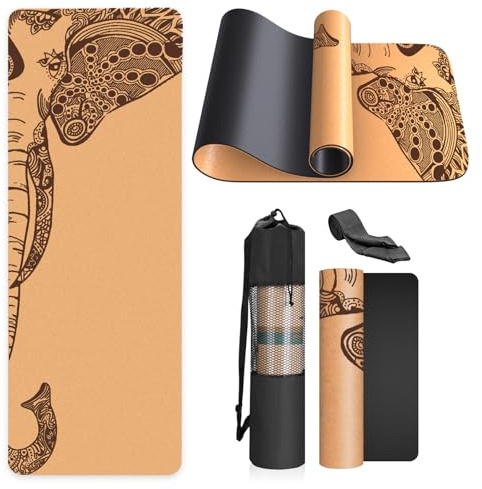 Haninj® Yogamatte-Kork, Rutschfest, Einzigartiges Design, Extradick Natürlicher Kork, TPE Fitness-Trainingsmatte mit Tragetasche und Gurt, für Zuhause, Pilates, Aerobic Fitnessstudio und Workout