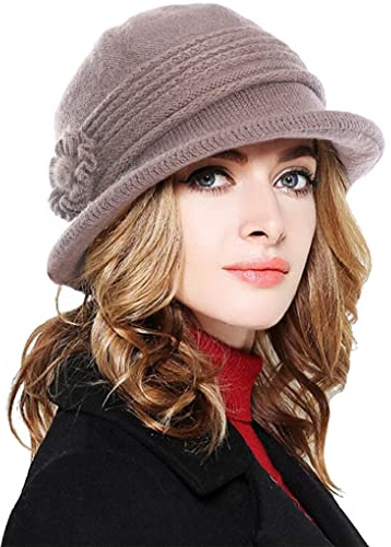 Joligiao Damen Hut Winter Fischerhut Wolle Baskenmütze Vintage Barette Stricken Hüte Warme Wintermütze Kunstpelz Fellmütze Cloche Bucket Hut mit Blumendetail Weiche Breite Krempe,Beige,One Size
