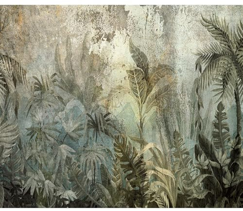 decomonkey Fototapete Dschungel 300x210 cm Design Tapete XXL Fototapeten Vlies Tapeten Vliestapete Wandtapete moderne Wand Schlafzimmer Wohnzimmer Natur Pflanzen Blätter Beton Optik Grün Grau Beige