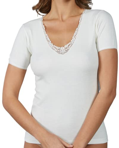 VP PINUCCIO VENEGONI Set 2 Maglia Intima Donna Manica Corta in Lana e Cotone | Intimo Termico Made in Italy, Dettaglio in Pizzo