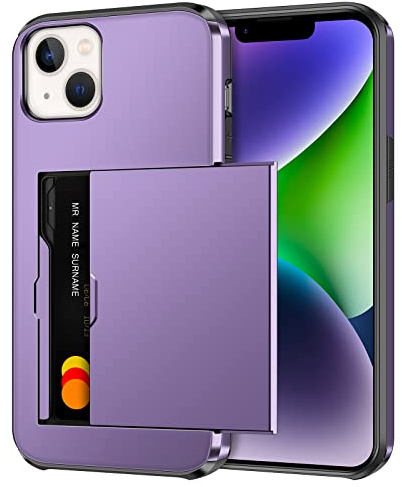 Coolden for iPhone 14 Case with Card Holder Wallet Cover Grey Purple | Armor Shockproof Heavy Duty Protective Cases, Hard PC Back Soft TPU Bumper Card Slot Wallet Cover for iPhone 14 Phone Case