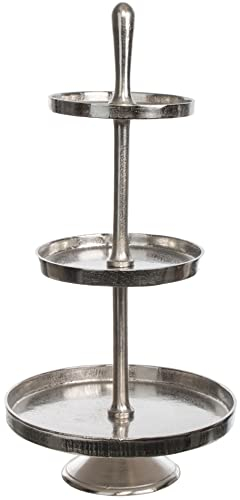 Brandsseller Alzata 3 ripiani in alluminio argento 70 cm – Stile vintage con pomello decorativo – Supporto per torte frutta dolci – Etagère in metallo per cucina tavola eventi