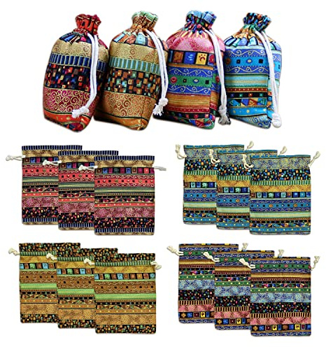 12 stycken bomulls- och linnepåsar i etnisk stil, bröllopsfest, presentpåse, godispåsar med dragsko, smyckesförvaringspåsar, för förpackning av presenter och fester (13 x 18 cm)