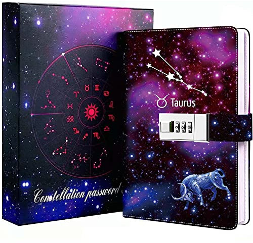 Dzhzal Diary with Lock, Starry Sky Journal for Boys Girls Women Lockable Leather Constellation Diary with Gifts Box, Personal Secret Locking Refillable A5 Notebooks 8.5 X 5.9
