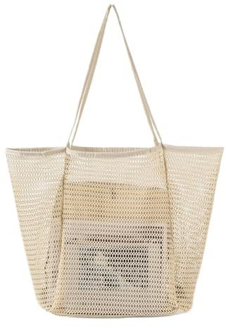 NLAND Große Mesh Strandtasche Damen Faltbare Umhängetasche mit Reißverschluss Einkaufstaschen für Shopper Reise (Beige)