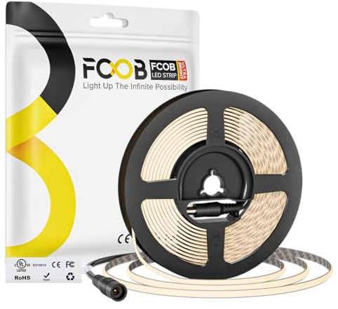 FCOB COB Tira LED Blanco Natural 4000K 480LEDs/m 5M 12V 5mm CRI90+ Flexible | Alta Densidad Regulable CE UL Tira LED Brillo Uniforme para decoración DIY(Controlador＆Alimentador no incluidos)