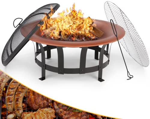 TLSUNNY 30'' Round Fire Pit, 2-in-1 Outdoor Fire Bowl with Grill Grate & Mesh Cover, Large Fire Pit Patio Heater with Poker, Charcoal Wood Burning Firepit for Garden/Camping/Backyard