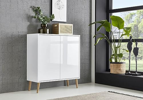 moebel-dich-auf Schuhschrank Ben 4 mit Holzfüßen Kommode Sideboard Türkommode (weiß/weiß Hochglanz)