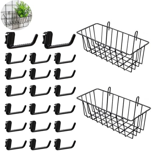 UtySty Paquete de 2 paneles de rejilla para colgar cestas de alambre con ganchos de plástico para soporte de exhibición de rejilla, estante de pared, estante de rejilla de fotos, tienda comercial
