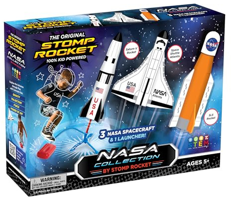 Stomp Rocket Space Collection Rocket Launcher for Kids, 3 NASA Rockets - Backyard & Outdoor Fun Toy Gift for Boys & Girls - STEM Soft Foam Blaster Set Soars Up to 100 Feet - Ages 5 & Up