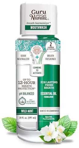 GuruNanda Dual Barrel Breath Harmonizer Mouthwash - Freshens Breath - Alcohol & Fluoride Free with Sodium Chlorite & Essential Oils - Wild Mint Flavor, 20 Fl Oz