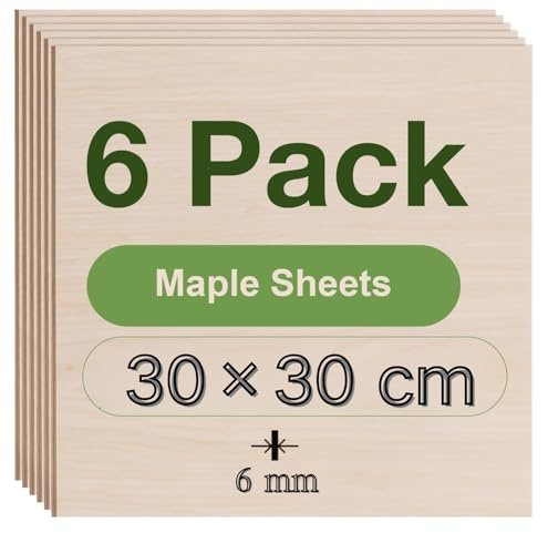 ROBOTIME Tablero Madera Contrachapada 6mm Arce 30×30cm 6 Piezas Tablero de Madera a Medida Para Bricolaje,Pirograbado Corte por Laser CNC Router Modelado