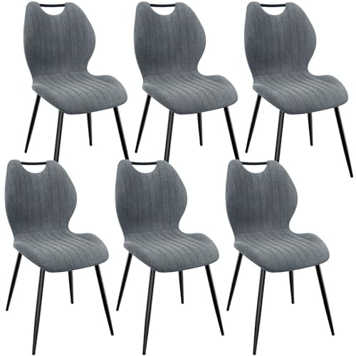 WAFTING Esszimmerstühle 6er Set, Gepolsterter Stuhl mit Hohe Rückenlehne aus Stoff und Schwarz Lackierte Metallfüße, für Esszimmer, Schlafzimmer und Empfang, Dunkelgrau