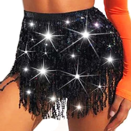 Evlry Falda de Lentejuelas con Flecos Brillantes para Danza del Vientre, Disfraz de Halloween para Mujer (Negro)