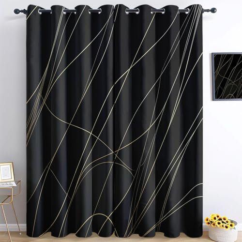 Verdunkelungsvorhänge Goldene Linien Geometrisches Schwarz H175 x B140cm Gardinen Lärmschutz Vorhang mit Ösen Thermovorhang gegen Kälte 2er Set, für Wohnzimmer Schlafzimmer Büro
