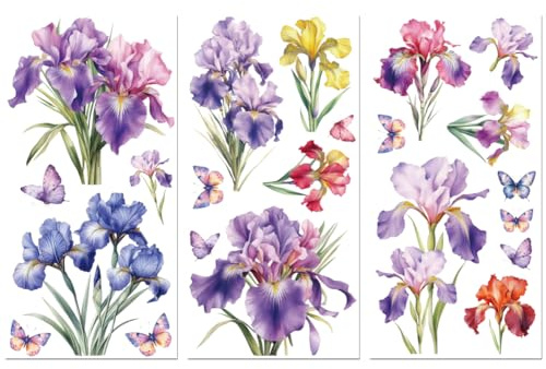 Peacoblue UV DTF Rub-On Transferfolie Möbel-Sticker Bunte Iris und Schmetterling Muster 15x30cm, 3 Stk. Wasserfeste Deko-Transferaufkleber für Möbel Glas Porzellan Wäscheschränke Kommoden Kunststoff