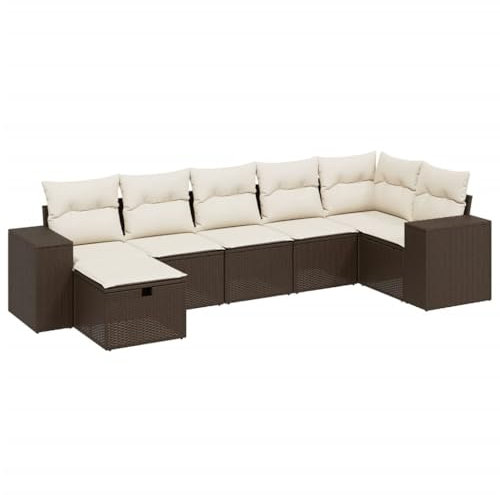 vidaXL Garten Sofagarnitur mit Kissen 7-TLG., Gartenmöbel Gartengarnitur, Sitzgruppe Sitzgarnitur, Lounge Sofa Garnitur Terrasse, Braun Poly Rattan