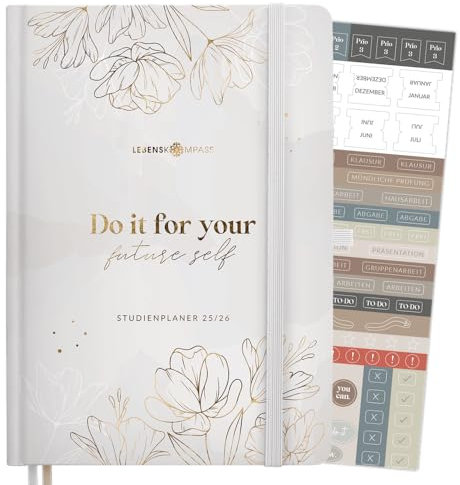 Lebenskompass® Studienplaner 2025 2026 A5 „Bloom“ - Semesterplaner für Uni & Studium | Terminplaner mit Stundenplan, Notenlisten, Reflexion | Hardcover mit Goldprägung