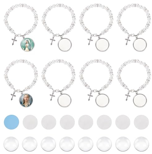 UNICRAFTALE 8 Sets De Bracelets Vierges Sublimables Pour Baptême Perles Imitation Rosaire Bracelets Médaillon Croix Bracelet Photo Commémorative Avec Cabochons Thermique Pour Création Bijoux