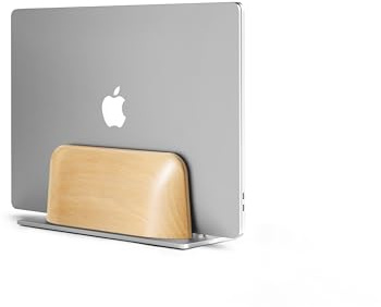 Thingy Club Adjustable Wooden Vertical Laptop Stand – Non-Slip Laptop & Tablet Holder for MacBook, Surface, Gaming Laptops, iPad & More (Oak Silver, Single Slot)