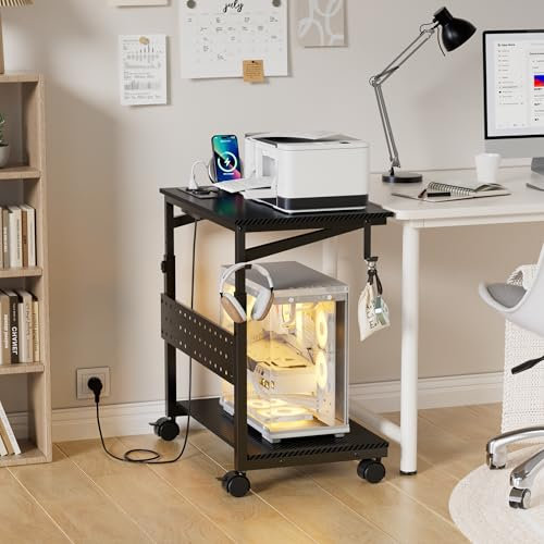 MSFE Höhenverstellbarer Druckerständer aus Holz & Metall, Computer Tower Ständer,Druckerwagen mit Stauraum & Ladestation,Druckertisch mit Rollen, für Wohnzimmer, Schlafzimmer, Arbeitszimmer, Büro