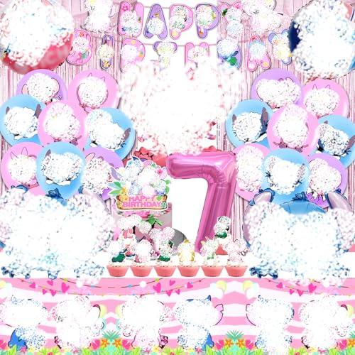 52pcs Lil Und Stitc Geburtstagseko, Stitc Geburtstag deko7 Jahre, Stitc Party Deko Set, Stitc Deko Geburtstag, Stitc Tortendeko, Luftballon, Stitc Kuchen Deko, Tischdecke fur Kindergeburtstag