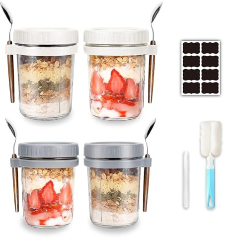 Eidoct 4 Pack Overnight Oats Containers with Lids and Spoons, 350ml Glasses | Glass Porridge Container to Go for Chia, Pudding, Milk, Cereal, Fruit, Yogurt, Salad, Cereal Meal Prep Jars