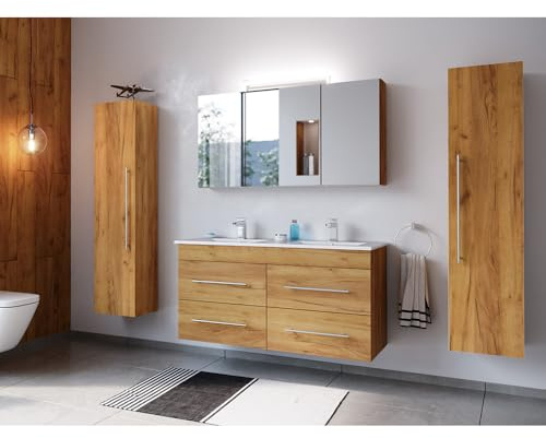 Lomadox Badmöbel Set 4-teilig mit Doppel-Waschbecken und 2 Hochschränken, in Eiche inkl. Spiegelschrank mit Aufsatzleuchte