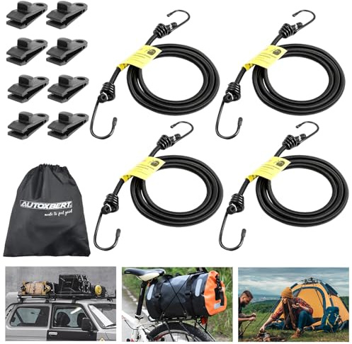 Spanngummi mit Haken 4 Stück 120cm Vielseitiger Expander mit Metallhaken Gepäckspanner Planenclips Set, Gummispanner Gummiseil für Fahrrad, Auto Abdeckplane, Sonnensegel, Camping, Boot, Dachträger
