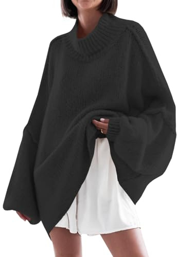 Saodimallsu Pullover Damen Oversized Fledermausärmel Strickpullover Einfarbig Elegant Rollkragenpullover Winter Casual Gestrickt Obertiele Pullis Schwarz S