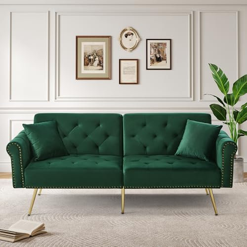 Merax Sofa mit Schlaffunktion, Klappsofa Schlafsofa Bettcouch 2 Sitzer, Schlafbereich 147× 85 cm, 2 Kissen, Rückenlehne mit 3 Verstellbare Winkel, Metallfüße, Samtstoff/Grün