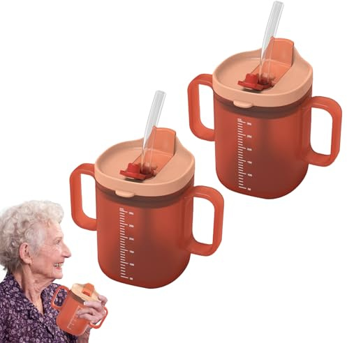 2pcs Elderly Spill Proof Cups, 300ml Unspillable Cup with 2 Handles, Elderly DrinkingCup, FeedingCup DrinkingCup with Lid and Straw, Adult SippyCups for Non Spill Drinking
