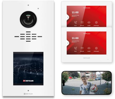 Metzler Video Türsprechanlage mit Touchscreen und HD Kamera in Verkehrsweiß RAL 9016 für bis zu 500 Parteien mit RFID Zugang und PIN Steuerung vandalismussicher mit Nachtsicht und App Anbindung