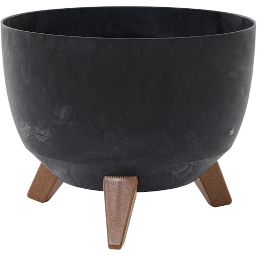 Oslo Stone Pot de Fleurs, en Plastique, Noir, Aspect béton, 29 x 23 cm, sur Pieds avec Insert