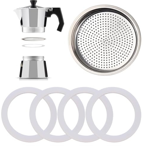 5-Piece Set for Moka Pot 6 Cup, Replacement Silicone Gaskets and Filter, Compatible with Stovetop Coffee Makers, Ensures Leak-Free Brewing for Moka Coffee(6 Cups)